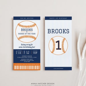 Baseball Birthday Invitation in Orange and Navy Blue or Personalized Colors, Baseball Ticket Invite, All Text Editable Canva Template