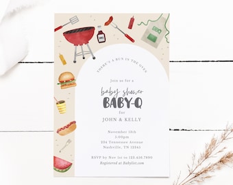 Baby Q Baby Shower Invitation, Gender Neutral Baby Shower BBQ, Bun in the oven and burgers on the grill, Editable Canva Template