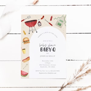 Baby Q Baby Shower Invitation, Gender Neutral Baby Shower BBQ, Bun in the oven and burgers on the grill, Editable Canva Template