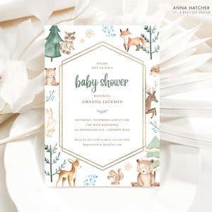 Winter Woodland Baby Shower Invitation, Woodland Creatures Christmas Baby Shower Invite, Winter Wonderland Editable Canva Template image 1