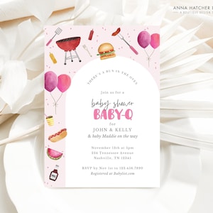 Baby Q Invitation, Girl BBQ Baby Shower Invite, Bun in the oven burgers on the grill, Editable Canva Template, Digital Download or Print