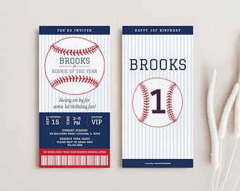 Baseball Birthday Invitation, Personalized Baseball Ticket Invite, Rookie of the Year Party, All Text Editable Canva Template Download