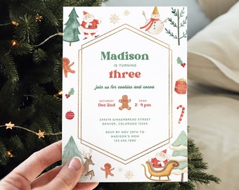 Christmas Birthday Party Invitation, Cookies and Cocoa 3rd Birthday, Kids Holiday 2nd, 4th, 5th Birthday, All Text Editable Canva Template