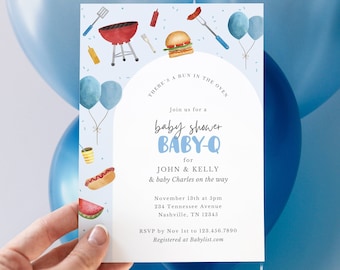 BabyQ Invitation, Boy Baby Shower BBQ Invite, Bun in the oven Burgers on the Grill, Editable Canva Template, Digital Download