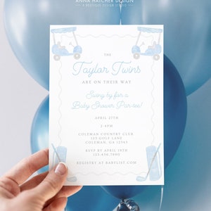 Zaproszenie na Baby Shower dla bliźniaków, Golf Theme Par-tee dla bliźniaków, Edytowalny szablon Canva, Niebieski wózek golfowy Zaproszenie na Baby Shower dla par