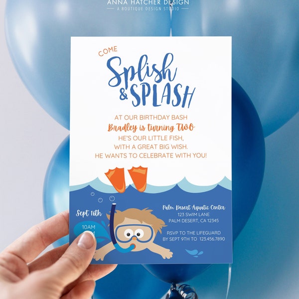 Pool Party Invitation, Splish & Splash 2nd Birthday Bash Invite, 3rd Birthday Editable Canva Template, 4th Birthday Boy Swim Party, Download