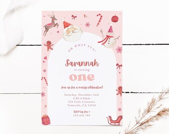 Kerst verjaardagsuitnodiging, Candy Cane Pink Oh What Fun Uitnodigen, Vakantie themafeest, 1e, 2e, 3e verjaardag Bewerkbare Canva-sjabloon