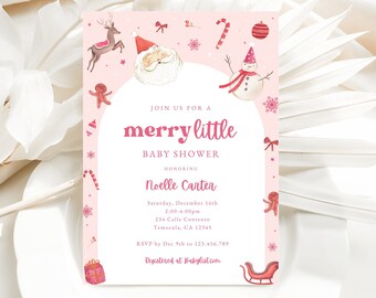 May include: A pink Christmas-themed baby shower invitation with illustrations of Santa Claus, a reindeer, a snowman, and gingerbread men. The text reads "merry little BABY SHOWER" and includes event details. The invitation is from Anna Hatcher Design.