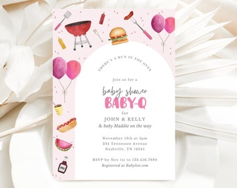 Baby Q Invitation, Girl BBQ Baby Shower Invite, Bun in the oven burgers on the grill, Editable Canva Template, Digital Download or Print