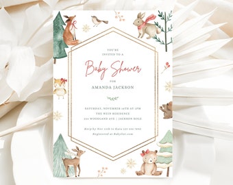 May include: A gold-framed baby shower invitation with a watercolor illustration of woodland animals, including a fox, a rabbit, a deer, and a bear. The text reads "You're invited to a Baby Shower for Amanda Jackson".