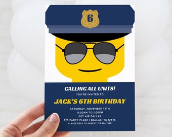 Brick Polizei Geburtstagseinladung, Partyeinladung von Bricks City Polizei, 4., 5., 6. Geburtstag Alle Text bearbeitbare Canva Vorlage, Druck, Text