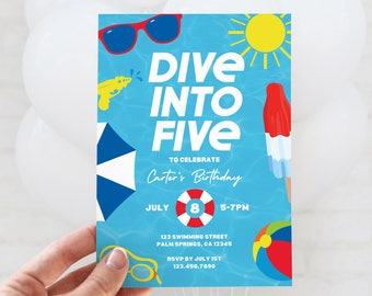 Dive into Five Birthday Invitation, 5th Birthday Pool Party Invite, Editable Any Age Swim Waterslide Party Canva Template, Print or Text