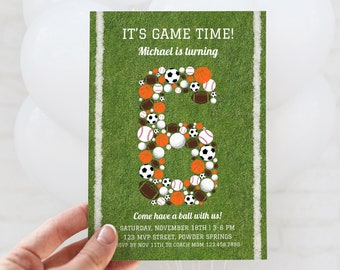 Sports Birthday Party Invitation, Editable Canva Template for Ages 1-10, All Star Invite, Football Basketball Baseball Soccer Golf Balls
