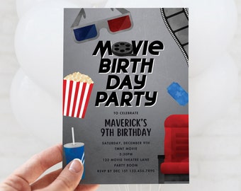 Movie Birthday Party Invitation, Movie Night Invite, Birthday at Movie Theatre, Editable Canva Template, Instant Download, Print or Text