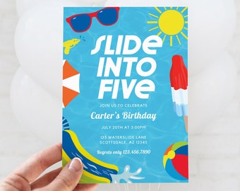 Slide into Five Birthday Invitation, Inflatable Waterslide 5th Birthday Party Invite, Includes Age 1 to 12 Canva Template, Text or Print