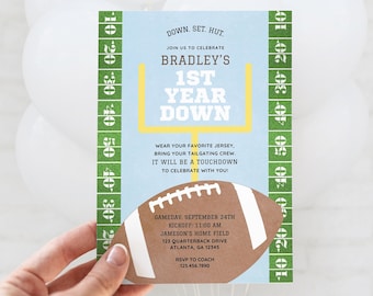 1st Year Down Invitation, Football Themed Birthday Party Invite, Editable Canva Template Digital Download, Print or Phone Invite, Evite