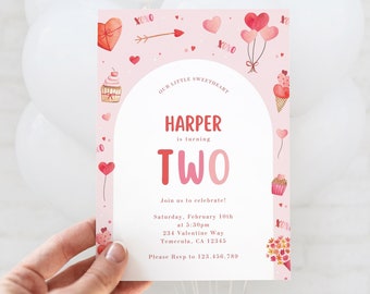Valentine Birthday Invitation, Sweetheart 2nd Birthday Invite, Valentine's Day Party Customizable Canva Template, Printable Digital Download