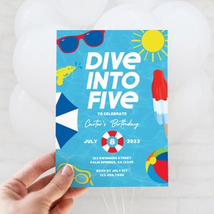 Dive into Five Birthday Invitation, 5th Birthday Pool Party Editable Canva Template, Waterslide Birthday Printable Instant Digital Download