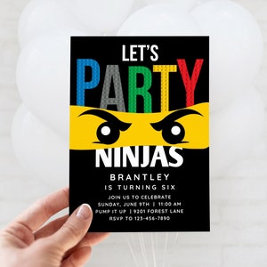 Ninja verjaardagsuitnodiging, Ninja verjaardagsfeestje, bakstenen gebouw, Lets Party Ninjas, bewerkbare canvas sjabloon, digitale download tekst of print