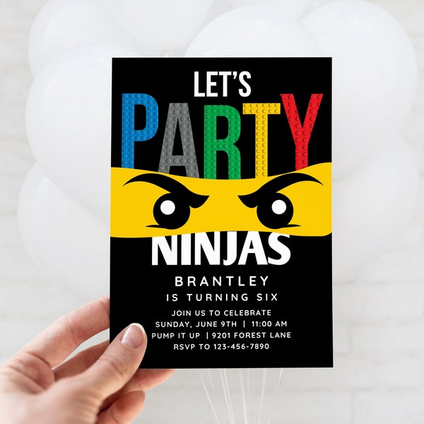 Invitation d’anniversaire Ninja, Fête d’anniversaire Ninja, Construction de briques, Lets Party Ninjas, Modèle Canva modifiable, Texte de téléchargement numérique ou impression