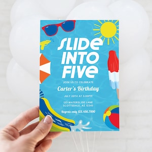 Slide into Five Birthday Invitation, Inflatable Waterslide 5th Birthday Party Invite, Includes Age 1 to 12 Canva Template, Text or Print