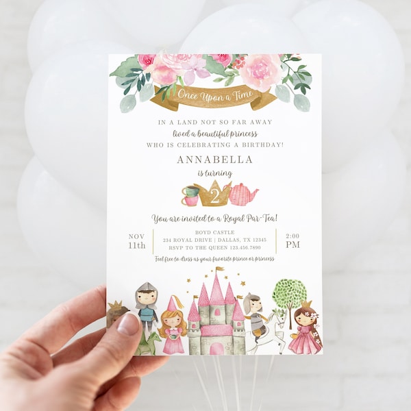 Princess Tea Party Invitation with Knights, Royal Par Tea, Once Upon a Time, Floral, Pink and Gold, Editable PDF Template Download
