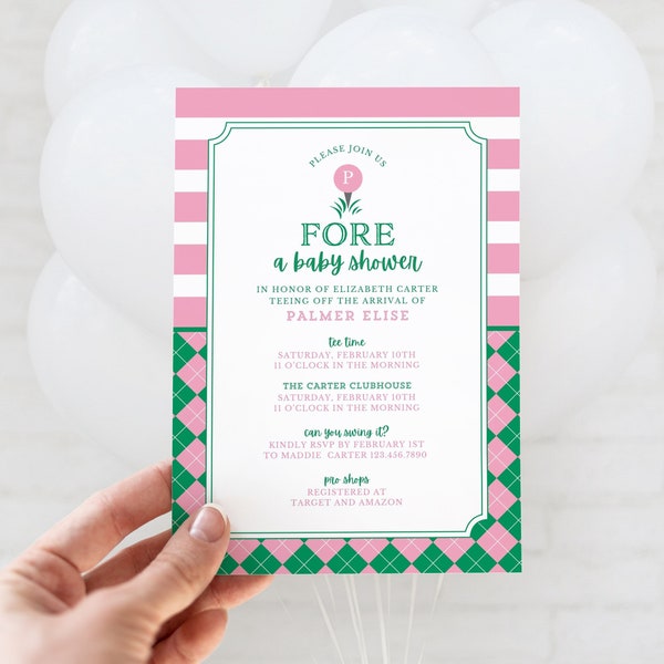 Golf Baby Shower Invitation, Pink and Green Golf Themed Par Tee FORE Baby Girl, Editable Canva Template, Digital Instant Download