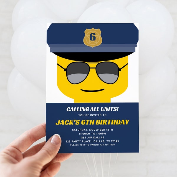 Brick Police Birthday Invitation, Bricks City Police Party Invitation, 4th, 5th, 6th Birthday All Text Editable Canva Template, Print, Text