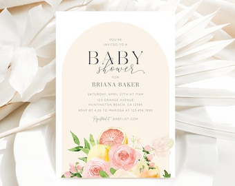 Invitación de baby shower de cítricos y flores, naranja, limón, brunch para bebés en el jardín, almuerzo de baby shower, plantilla de Canva editable, descarga instantánea