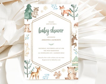 Winter Woodland Baby Shower Invitation, Woodland Creatures Christmas Baby Shower Invite, Winter Wonderland Editable Canva Template