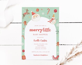 May include: A Christmas-themed baby shower invitation. The design includes illustrations of Santa, a reindeer, and a snowman. The invitation text reads "merry little baby shower" and provides event details, including the date and time.