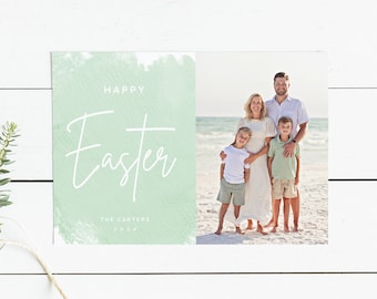 Happy Easter Photo Card, Personalized Easter Card in spring pale green, pastel colors, Scripture verse editable template, Digital Printable
