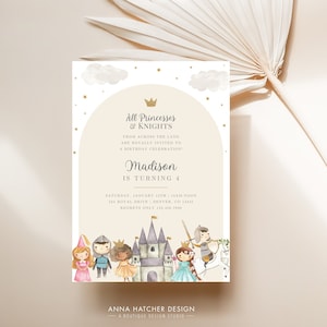 Princess and Knight Birthday Party Invitation, Royal Celebration Princess Arch Invite with crowns and swords, Editable Canva Template