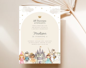 Könnte beinhalten: Eine Geburtstagseinladung im Thema Prinzessin und Ritter mit einer Aquarell-Illustration eines Schlosses, eines Ritters zu Pferd und Prinzessinnen. Die Einladung lautet: "Alle Prinzessinnen und Ritter aus dem ganzen Land sind herzlich eingeladen zu einer Geburtstagsfeier! Madison wird 4 Jahre alt. Samstag, 13. Januar, 10:00 - 12:00 Uhr, 234 Royal Drive, Denver, CO 12345.  Bitte um Rückmeldung 123.456.7890. Anna Hatcher Design, Ein Boutique-Designstudio."