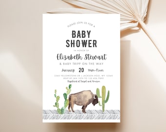 Buffalo Bison Baby Shower Invitation, Baby Sprinkle, Couples Shower, Desert Cactus, Mountain, Cowboy Theme, Editable Canva Template Download