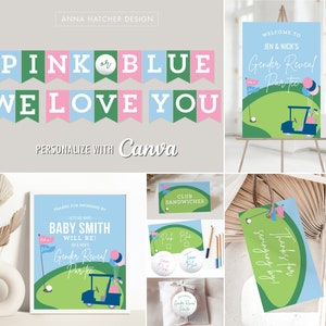 Golf Gender Reveal Par-tee Imprimible, Letreros de Canva editables, Pancarta, Etiquetas de favor, Rifa de pañales, Pegatinas, Tarjetas de tienda, Boletas, Rosa o Azul