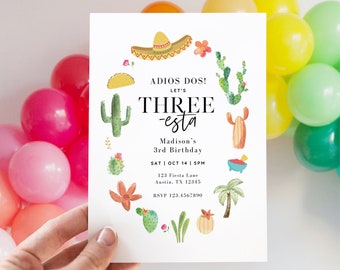 Invito per la festa del terzo compleanno, "Adios Dos Let's Three-esta", festa di compleanno a tema taco per maschietto o femminuccia, modello Canva modificabile, download immediato