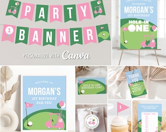 Pink Hole In One Golf 1st Birthday Canva Templates, Personalized Tags/Flags, Sticker, Toppers, Banner, Scorecard, Signs, Poster, Tent Cards