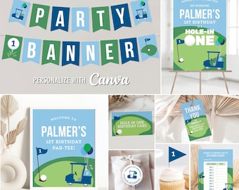 Plantillas de Canva para el primer cumpleaños de Hole In One Golf, personalice etiquetas/banderas de cualquier edad, pegatinas, adornos, pancartas, cuadros de mando, carteles/pósteres, tarjetas de tienda
