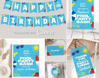 May include: Pool party birthday party printable set with blue, yellow, and red colors. The set includes a welcome sign, a banner, a thank you tag, a favor tag, and a place card. The text on the welcome sign says "Splish Splash Welcome to Hudson's Pool Party Bash". The text on the banner says "Happy Birthday". The text on the thank you tag says "Thank You for making my party a huge splash". The text on the favor tag says "Pool Party Bash". The text on the place card says "Goldfish".