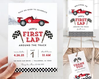 Race Car Birthday Party Pack, Fast One Editable Canva Invitation, First Lap 1st Birthday Invite, Favor Tag, Welcome Sign Templates