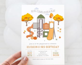 Fall Playground Birthday Invitation, Park Birthday Party Invite, Pumpkin, Double Twin or 2 Kids, Add Photo, Editable Canva Template Download