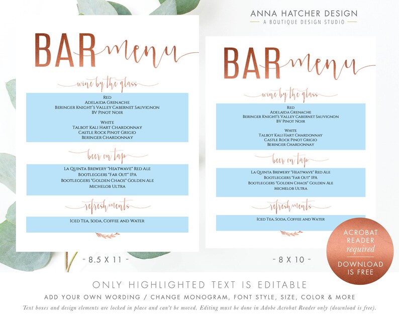 Rose Gold Bar Menu Sign Faux Rose Gold Bar Menu Wedding Sign Etsy