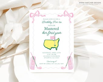 Mastered First Year Birthday Par-tee Invitation, Girls Golf Themed 1st Birthday Invite, Pink Bows, Golf Club, Twin Birthday, Print or Text