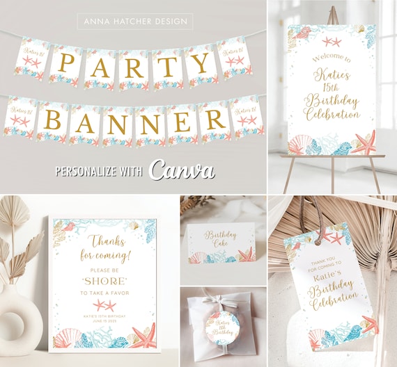 Beach Birthday Party Decorations, Editable Canva Templates, Personalized Thank You Favor Tag, Sticker, Banner, Signs, Poster, Tent Cards