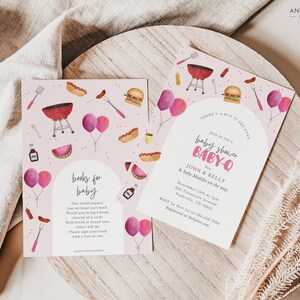 May include: Pink and white baby shower invitation with a watercolor illustration of a grill, hot dogs, watermelon, and balloons. The text reads "Join us for a baby shower BABY-Q for John & Kelly & baby Maddie on the way".