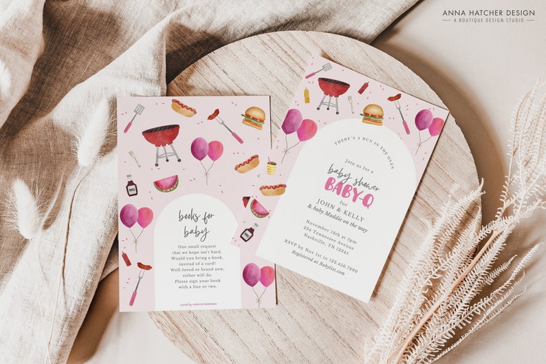 May include: Pink and white baby shower invitation with a watercolor illustration of a grill, hot dogs, watermelon, and balloons. The text reads "Join us for a baby shower BABY-Q for John & Kelly & baby Maddie on the way".