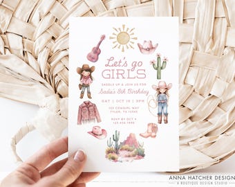 Let's Go Girls Birthday Invitation, Cowgirl Rodeo Party Invite, Pink Western Fringe Boots, Editable Canva Template, Print or Text