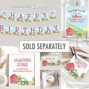 May include: A set of printable farm-themed party decorations for a child's birthday. The decorations include a banner that says "Happy Birthday", a welcome sign that says "Hey Party Animals! Welcome to Fulton's Three-I-E-I-O Birthday Party", a loading zone sign, a birthday cake sign, a favor tag, and a favor bag. The decorations feature a red barn, a green tractor, and farm animals.