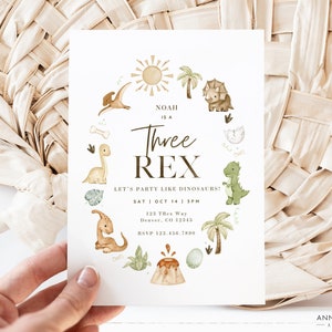 Three Rex Dinosaur 3rd Birthday Invitation, Jurassic Party, Dino Three-Rex Birthday Invite Instant Digital Download, Editable Canva Template